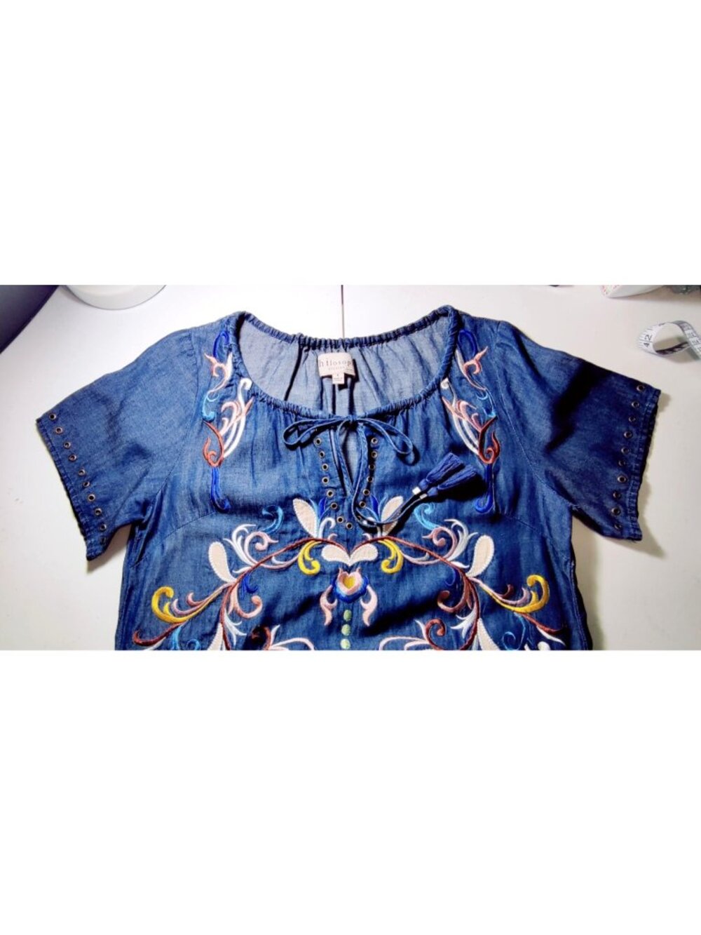 Philosophy Boho Chambray Dress S Blue Floral Embroidery Peasant Tassel Gromets - Picture 15 of 15
